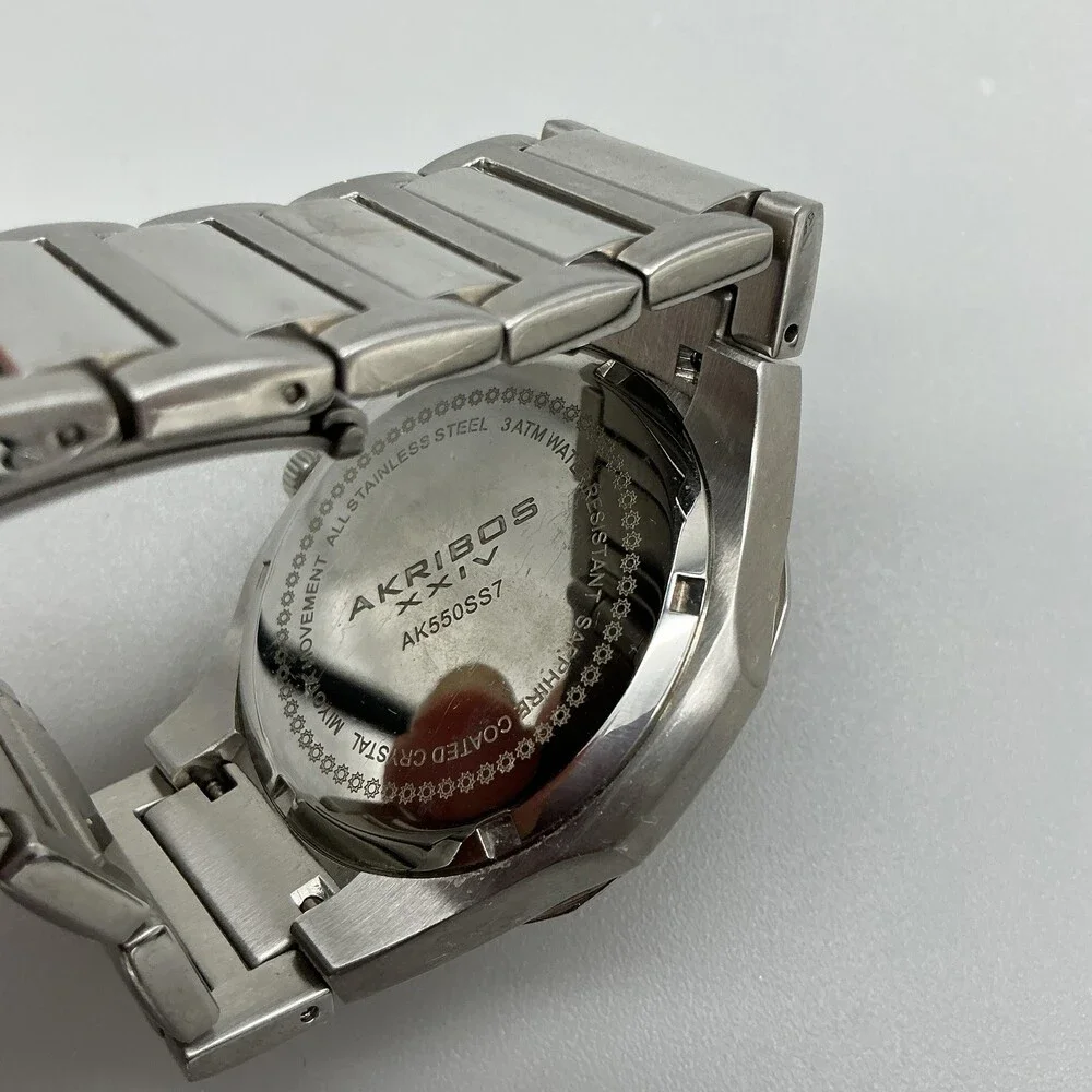 Akribos XXIV AK550SS7 Mens Watch 41mm Silver Tone Crystals Steel New Battery 6